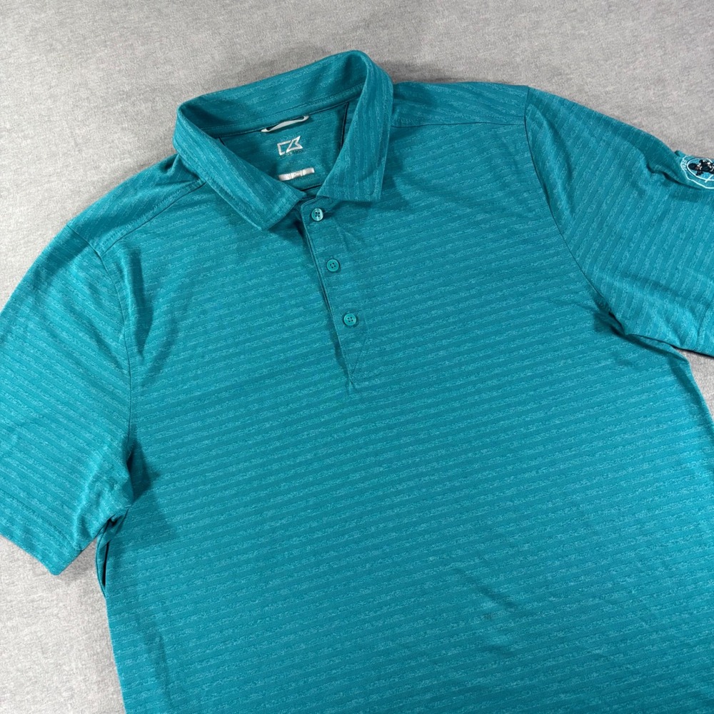 Cutter & Buck Mens Large Teal Blue CB DryTec Striped Polo Indian Wood Golf Shirt